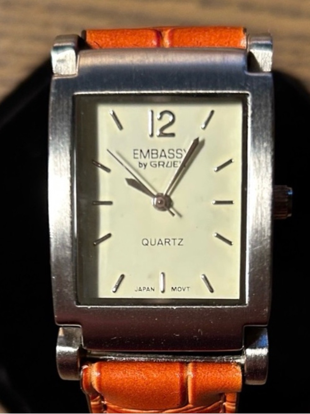 Vintage Embassy by Gruen Quartz Watch Rectangular Case Brown Leather Band